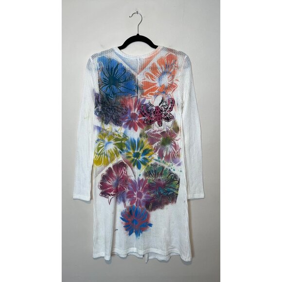 Handpainted Upcycled Boho Long Duster Cardigan With Floral Back Design Size M - Picture 3 of 5